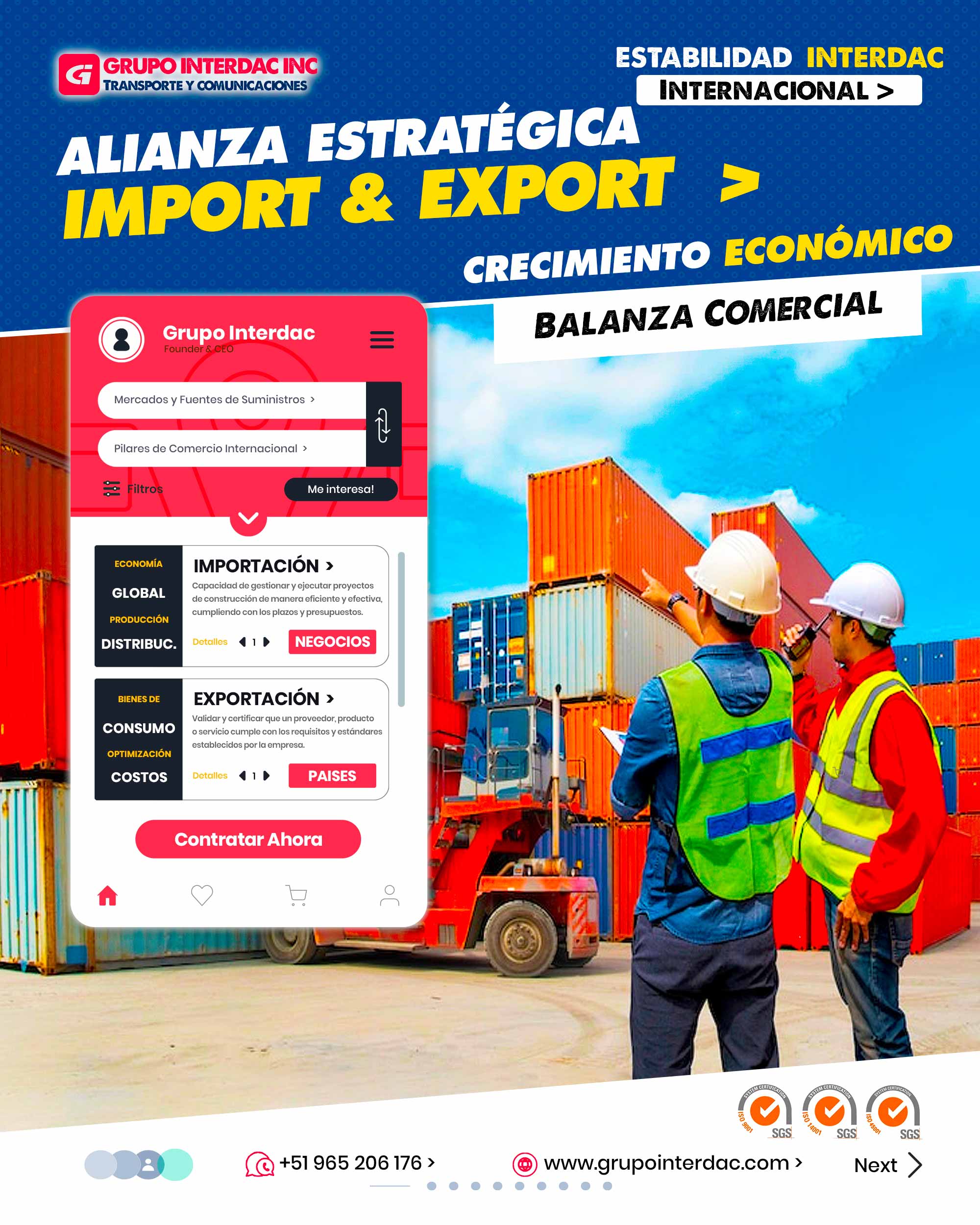 Balanza Comercial: Importaciones y exportaciones influyen en la balanza comercial. Desarrollo de Infraestructura: Importación y exportación promueven desarrollo de infraestructura logística. Mejora de Calidad: Acceso a bienes y servicios de calidad internacional. Integración Global: Fomenta la integración en la economía global. Transferencia Cultural: Intercambio de productos y servicios implica intercambio cultural. Incremento de Productividad: Importar maquinaria moderna aumenta la productividad. Innovación: Exportar productos únicos y especializados promueve la innovación. Acceso a Bienes de Consumo: Importación brinda acceso a una variedad de bienes de consumo. Optimización de Costos: Importar insumos a menores costos reduce gastos de producción. Alianzas Estratégicas: Importar y exportar fomenta alianzas con socios comerciales. Transferencia de Conocimientos: Exportar productos técnicos contribuye a la transferencia de conocimientos. La empresa Grupo Interdac Inc tiene un compromiso ambiental sostenible para la optimización de recursos naturales a través de herramientas computacionales en beneficio del planeta. Nuestra empresa es lider en creación de herramientas digitales para empresas transnacionales dedicadas al sector industria y de recolección y transporte de residuos solidos.