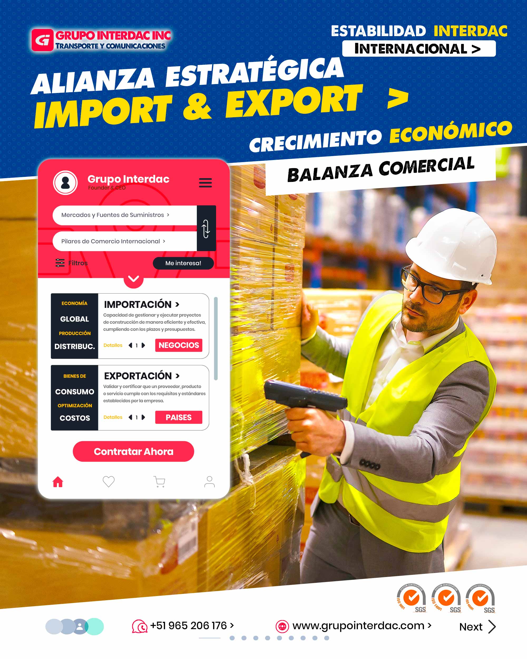 Acceso a Tecnología Avanzada: Importar tecnología avanzada mejora procesos productivos. Aumento de Inversiones: Exportar atrae inversión extranjera directa. Desarrollo Agroindustrial: Exportación de productos agroindustriales impulsa el sector. Reducción de Precios: Importar bienes baratos beneficia a los consumidores. Cadena de Valor Global: Participar en cadenas globales de valor es clave. Crecimiento Sostenible: Importar y exportar de manera sostenible promueve el desarrollo a largo plazo. Diversificación de Oferta: Importar materiales diversificados para proyectos constructivos. Optimización de Costos: Importar materiales a menor costo que los locales. Acceso a Tecnología: Importar tecnología constructiva avanzada. Calidad Garantizada: Importar materiales con estándares internacionales de calidad. Cumplimiento Normativo: Importar productos que cumplan con regulaciones técnicas. La empresa Grupo Interdac Inc tiene un compromiso ambiental sostenible para la optimización de recursos naturales a través de herramientas computacionales en beneficio del planeta. Nuestra empresa es lider en creación de herramientas digitales para empresas transnacionales dedicadas al sector industria y de recolección y transporte de residuos solidos.