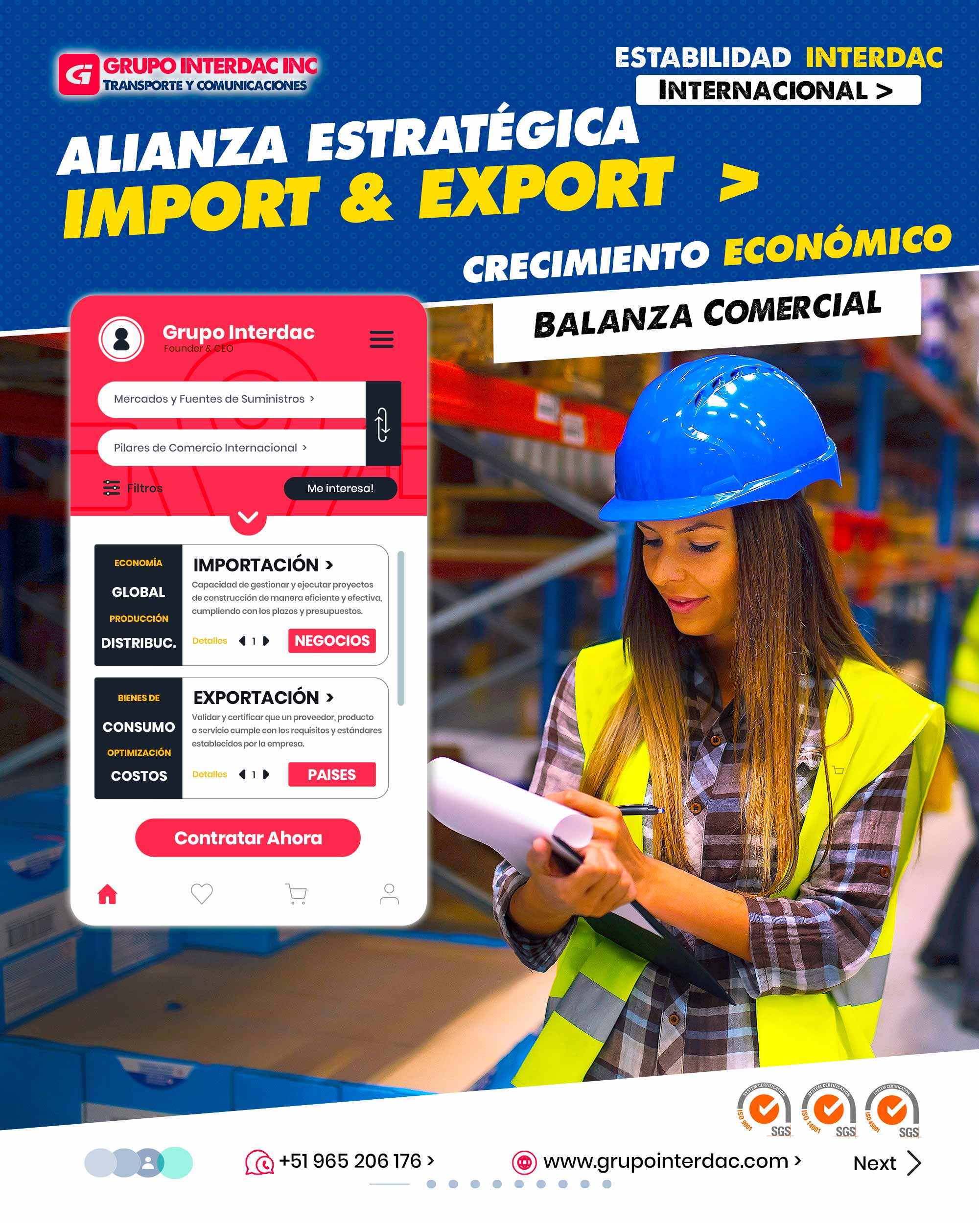 Diversificación de Oferta: Importar materiales diversificados para proyectos constructivos. Optimización de Costos: Importar materiales a menor costo que los locales. Acceso a Tecnología: Importar tecnología constructiva avanzada. Calidad Garantizada: Importar materiales con estándares internacionales de calidad. Cumplimiento Normativo: Importar productos que cumplan con regulaciones técnicas. Eficiencia Energética: Importar materiales y tecnologías eficientes en consumo energético. Innovación: Importar materiales y tecnologías innovadoras para proyectos. Reducción de Plazos: Importar componentes prefabricados acelera plazos de construcción. Sostenibilidad: Importar materiales sostenibles y amigables con el ambiente. Mejora de Diseño: Importar materiales que permitan diseños más flexibles. Optimización de Espacio: Importar soluciones para optimización de espacio en proyectos. Variedad de Opciones: Importar materiales con diversas características y funciones. Estética: Importar elementos que mejoren la estética de los proyectos. Experiencia Global: Importar experiencias exitosas de otros países. Capacidad de Reciclaje: Importar materiales reciclables o reciclados. La empresa Grupo Interdac Inc tiene un compromiso ambiental sostenible para la optimización de recursos naturales a través de herramientas computacionales en beneficio del planeta. Nuestra empresa es lider en creación de herramientas digitales para empresas transnacionales dedicadas al sector industria y de recolección y transporte de residuos solidos.