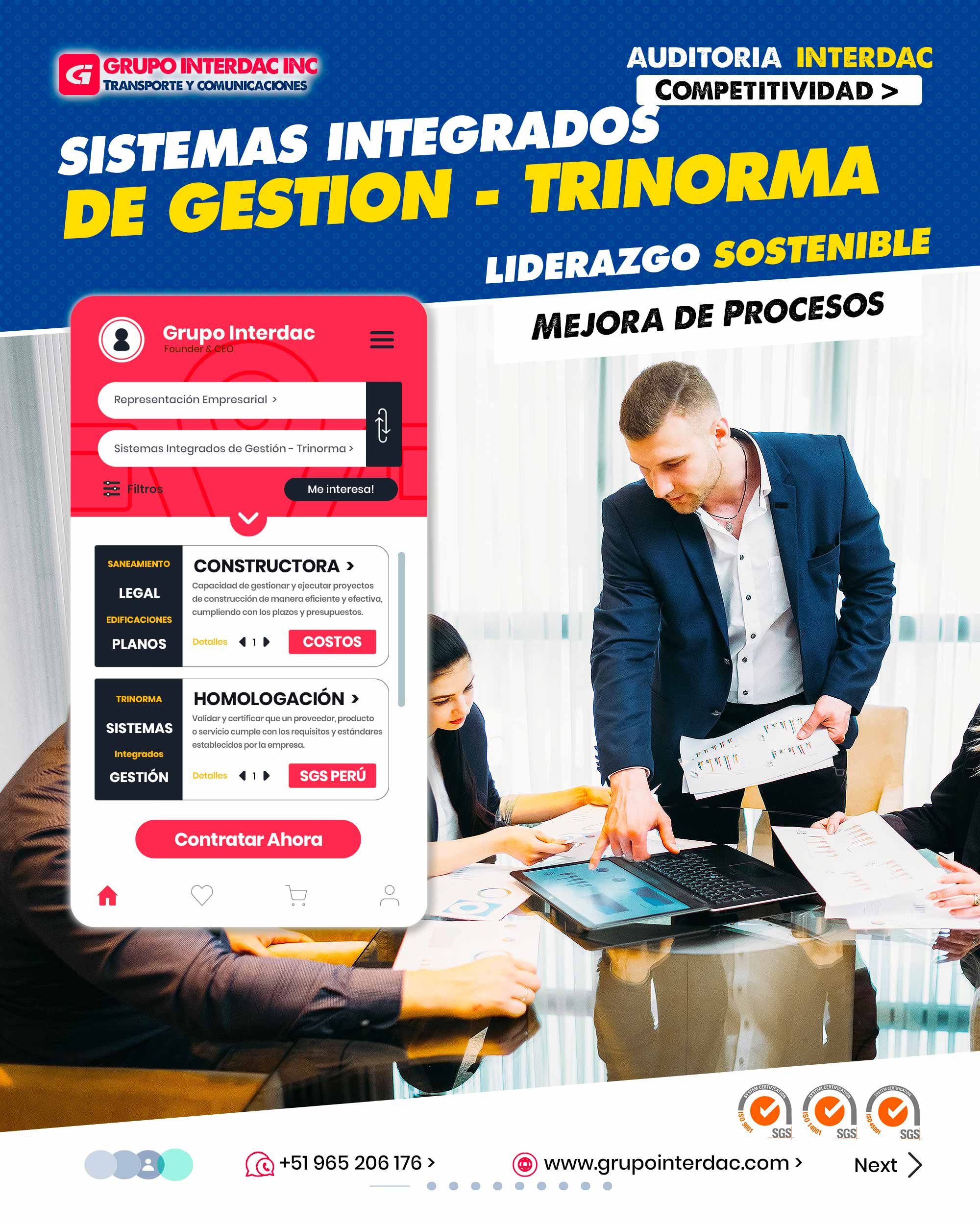 Estandarización: La homologación busca establecer estándares comunes en procesos y productos de construcción. Confiabilidad: Garantiza que los productos y servicios homologados cumplen con los requisitos preestablecidos. Calidad: Asegura que los productos y servicios cumplen con altos estándares de calidad. Eficiencia: Optimiza procesos al estandarizar y reducir la variabilidad en la producción y ejecución. Compatibilidad: Facilita la interoperabilidad entre diferentes componentes y sistemas. Seguridad: Se enfoca en garantizar que los productos y servicios no pongan en riesgo la seguridad de los usuarios. Reducción de Costos: Al eliminar redundancias y mejorar la eficiencia, se pueden reducir los costos operativos. Mejora Continua: Fomenta la revisión constante de procesos para lograr mejoras continuas. Resiliencia Empresarial: La Trinorma contribuye a la resiliencia y continuidad del negocio. Promoción de la Innovación: La mejora continua fomenta la innovación y creatividad en la organización. Promoción del Compromiso: La Trinorma promueve el compromiso de la dirección y los colaboradores con la calidad, seguridad y ambiente. La empresa Grupo Interdac Inc tiene un compromiso ambiental sostenible para la optimización de recursos naturales a través de herramientas computacionales en beneficio del planeta. Nuestra empresa es lider en creación de herramientas digitales para empresas transnacionales dedicadas al sector industria y de recolección y transporte de residuos solidos.