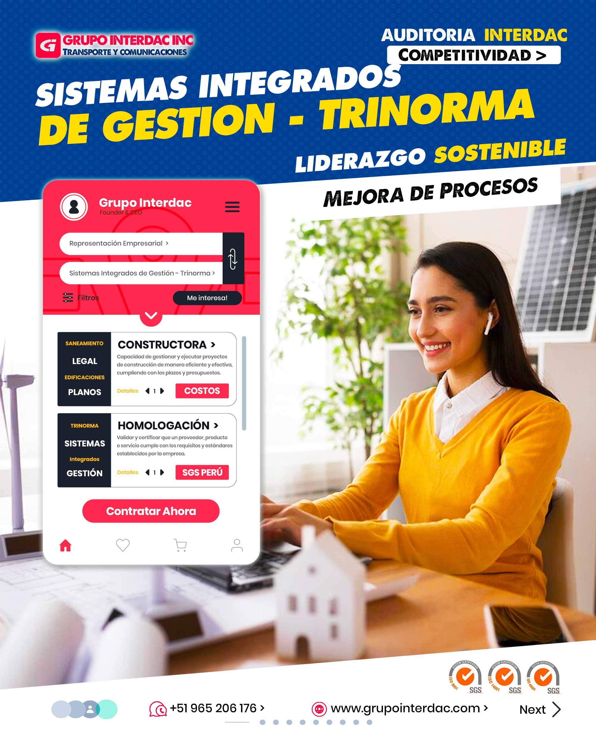 Integración de Normas: La Trinorma combina ISO 9001 (Calidad), ISO 45001 (Seguridad y Salud Ocupacional) e ISO 14001 (Gestión Ambiental). Eficiencia en Gestión: Permite una gestión unificada de la calidad, seguridad y ambiente en un solo sistema. Mejora Continua: La Trinorma promueve la mejora continua en todos los aspectos de la organización. Satisfacción del Cliente: ISO 9001 asegura la calidad de productos/servicios, mejorando la satisfacción del cliente. Reducción de Riesgos: ISO 45001 mitiga riesgos de seguridad laboral, promoviendo ambientes más seguros. Cumplimiento Legal: ISO 14001 asegura que la organización cumpla con regulaciones ambientales. Gestión de Riesgos Ambientales: ISO 14001 aborda la gestión de riesgos ambientales y la prevención de impactos negativos. Cultura de Seguridad: ISO 45001 fomenta una cultura de seguridad en la organización. Eficiencia Energética: La Trinorma considera la gestión eficiente de la energía para reducir impactos ambientales. Reducción de Costos: La eficiencia en gestión se traduce en reducción de costos operativos. Responsabilidad Social: La seguridad laboral y el cuidado ambiental demuestran responsabilidad social. Conciencia Ambiental: La Trinorma promueve la sensibilización ambiental entre los colaboradores. La empresa Grupo Interdac Inc tiene un compromiso ambiental sostenible para la optimización de recursos naturales a través de herramientas computacionales en beneficio del planeta. Nuestra empresa es lider en creación de herramientas digitales para empresas transnacionales dedicadas al sector industria y de recolección y transporte de residuos solidos.