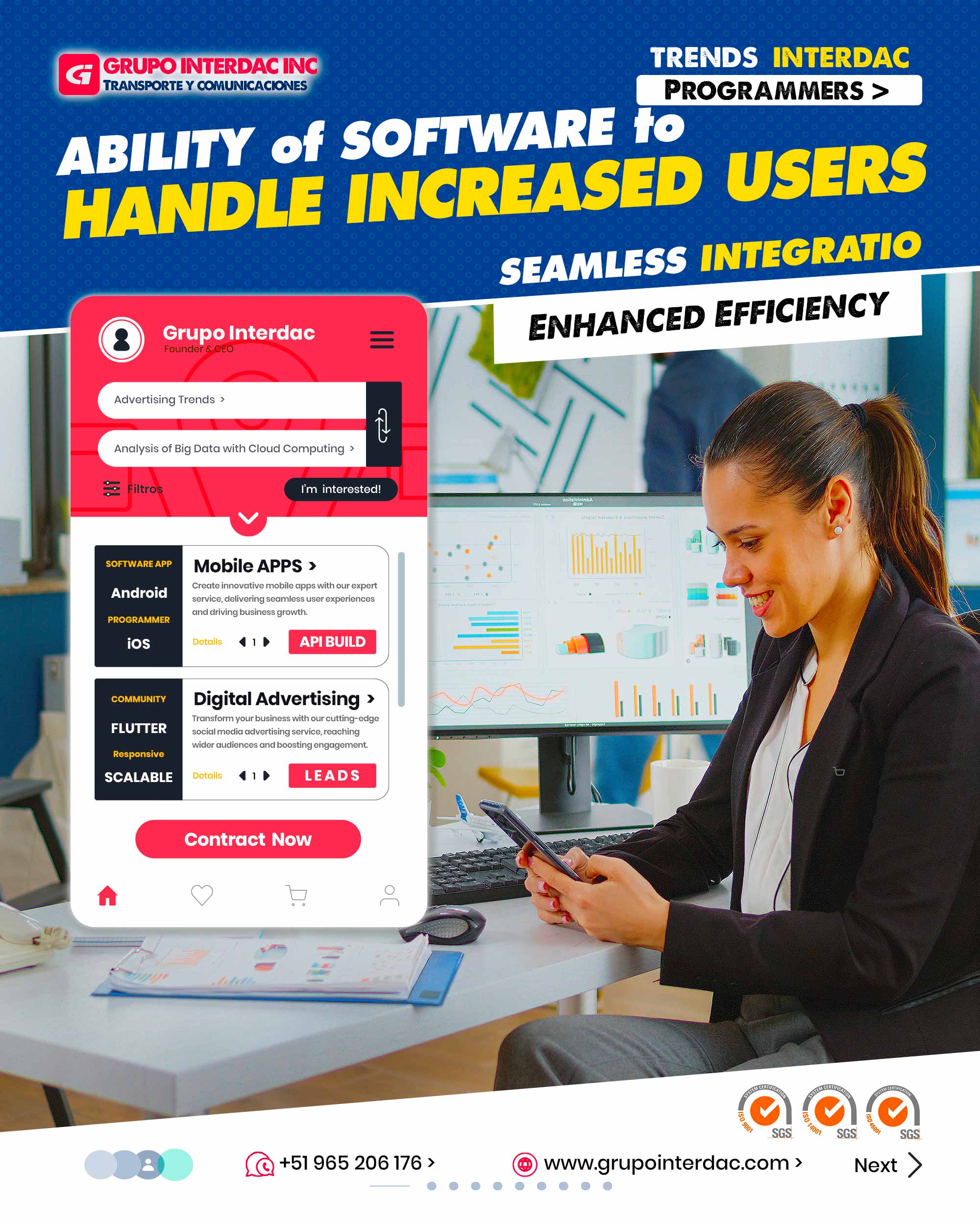 Gestión financiera: Módulos para manejar aspectos contables, presupuestos, informes financieros y análisis de costos. Automatización de marketing: Funcionalidades para gestionar campañas de marketing y seguimiento de leads. Integración con APIs: Capacidad para integrar con aplicaciones y servicios externos mediante APIs. Gestión de contratos: Almacenamiento y seguimiento de contratos y acuerdos empresariales. Análisis de datos en tiempo real: Herramientas para realizar análisis y visualización de datos en tiempo real. Gestión de relaciones con proveedores: Administración de proveedores y seguimiento de compras y pedidos. Soporte al cliente: Funcionalidades para gestionar solicitudes de clientes y brindar un servicio de soporte eficiente. La empresa Grupo Interdac Inc tiene un compromiso ambiental sostenible para la optimización de recursos naturales a través de herramientas computacionales en beneficio del planeta. Nuestra empresa es lider en creación de herramientas digitales para empresas transnacionales dedicadas al sector industria y de recolección y transporte de residuos solidos.