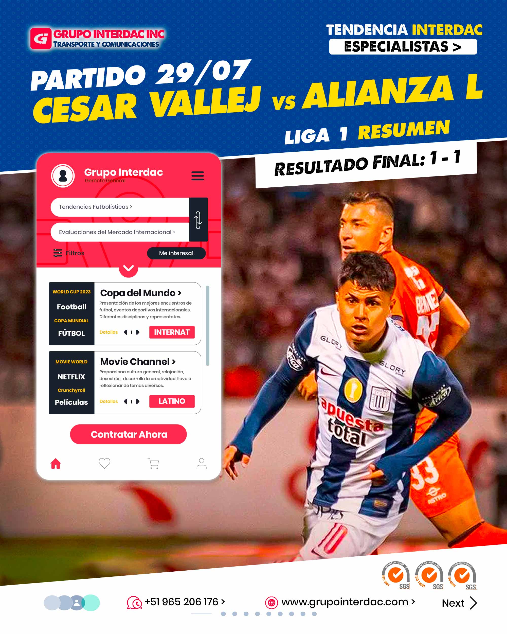 Partido 19 de julio 2023 Alianza Lima vs Cesar Vallejo 1-1. JAlianza Lima vs César Vallejo 1-1: goles y resumen del empate en Trujillo por Torneo Clausura de Liga 1. Alianza Lima rescató un empate 1-1 ante César Vallejo por el Clausura de Liga 1. Alianza Lima está cayendo 1-0 ante César Vallejo en Trujillo, por la fecha 6 del Torneo Clausura de la Liga 1 Betsson 2023. Los íntimos, en su búsqueda por igualar las acciones, salieron agresivos en el segundo tiempo... La empresa Grupo Interdac Inc tiene un compromiso ambiental sostenible para la optimización de recursos naturales a través de herramientas computacionales en beneficio del planeta. Nuestra empresa es lider en creación de herramientas digitales para empresas transnacionales dedicadas al sector industria y de recolección y transporte de residuos solidos.