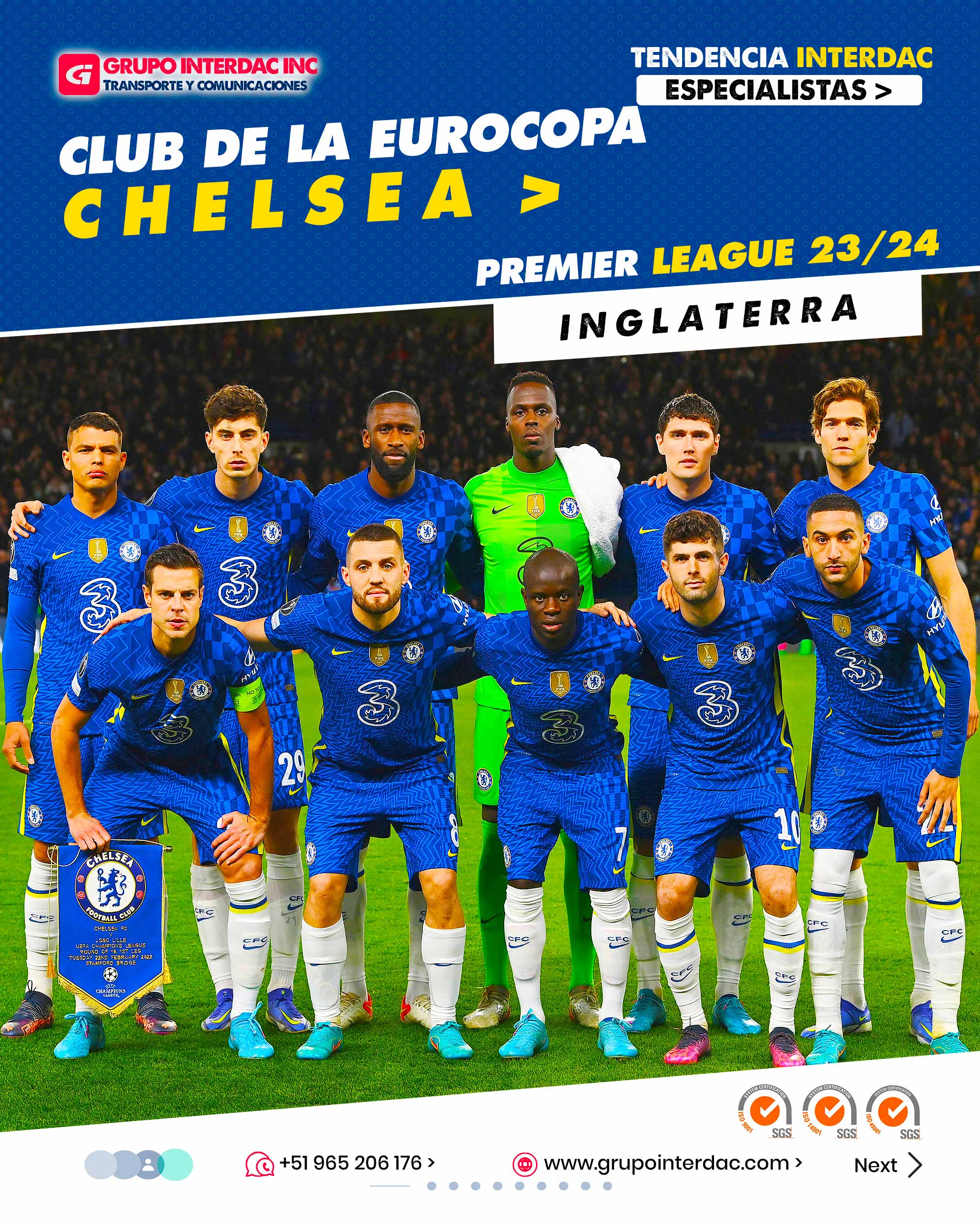 ​​HHistoria de Éxito: El Chelsea FC tiene una historia llena de éxitos, habiendo ganado numerosos títulos de la Premier League, FA Cup, UEFA Champions League y otros torneos importantes a lo largo de los años. Stamford Bridge: El estadio Stamford Bridge es el hogar del Chelsea y es conocido por su atmósfera apasionante durante los partidos. Los aficionados del Chelsea son leales y crean un ambiente emocionante para los jugadores y los espectadores. Dueños Ambiciosos: El club es propiedad del magnate ruso Roman Abramovich, quien ha demostrado un fuerte compromiso con el éxito del Chelsea y ha invertido en fichajes y en mejorar la infraestructura del club. Formación de Jugadores: El Chelsea ha sido reconocido por su exitoso programa de formación de jugadores jóvenes. Han desarrollado talentos locales que han llegado a jugar en el primer equipo y en otros clubes de alto nivel. Estrellas Internacionales: A lo largo de los años, el Chelsea ha tenido una serie de jugadores internacionales de renombre, lo que ha contribuido a su éxito en las competiciones tanto nacionales como europeas. Fútbol Atractivo: El Chelsea es conocido por su estilo de juego atractivo y ofensivo, enfocado en el ataque y en el juego de posesión. Manager de Éxito: A través de los años, el Chelsea ha tenido entrenadores exitosos que han llevado al equipo a la gloria. Nombres como José Mourinho, Carlo Ancelotti y más recientemente Thomas Tuchel han dejado su huella en el club. Rivalidades Intensas: El Chelsea tiene intensas rivalidades con otros equipos de la Premier League, especialmente con el Arsenal, el Tottenham y el Manchester United, lo que hace que sus partidos sean aún más emocionantes. Ambición en Competiciones Europeas: El Chelsea ha tenido éxito en competiciones europeas, ganando la UEFA Champions League en varias ocasiones y compitiendo constantemente en torneos internacionales. Fiel Afición: La afición del Chelsea es apasionada y leal, llenando el estadio Stamford Bridge en cada partido y apoyando incondicionalmente al equipo, tanto en las buenas como en las malas. El Chelsea FC es un club con una rica historia de éxitos, con una afición apasionada y un enfoque en el fútbol atractivo y ofensivo. Su dueño ambicioso, su programa de formación de jugadores y su éxito en competiciones nacionales e internacionales lo convierten en uno de los clubes más destacados de la Premier League y del fútbol europeo. La empresa Grupo Interdac Inc tiene un compromiso ambiental sostenible para la optimización de recursos naturales a través de herramientas computacionales en beneficio del planeta. Nuestra empresa es lider en creación de herramientas digitales para empresas transnacionales dedicadas al sector industrial y de recolección y transporte de residuos solidos.