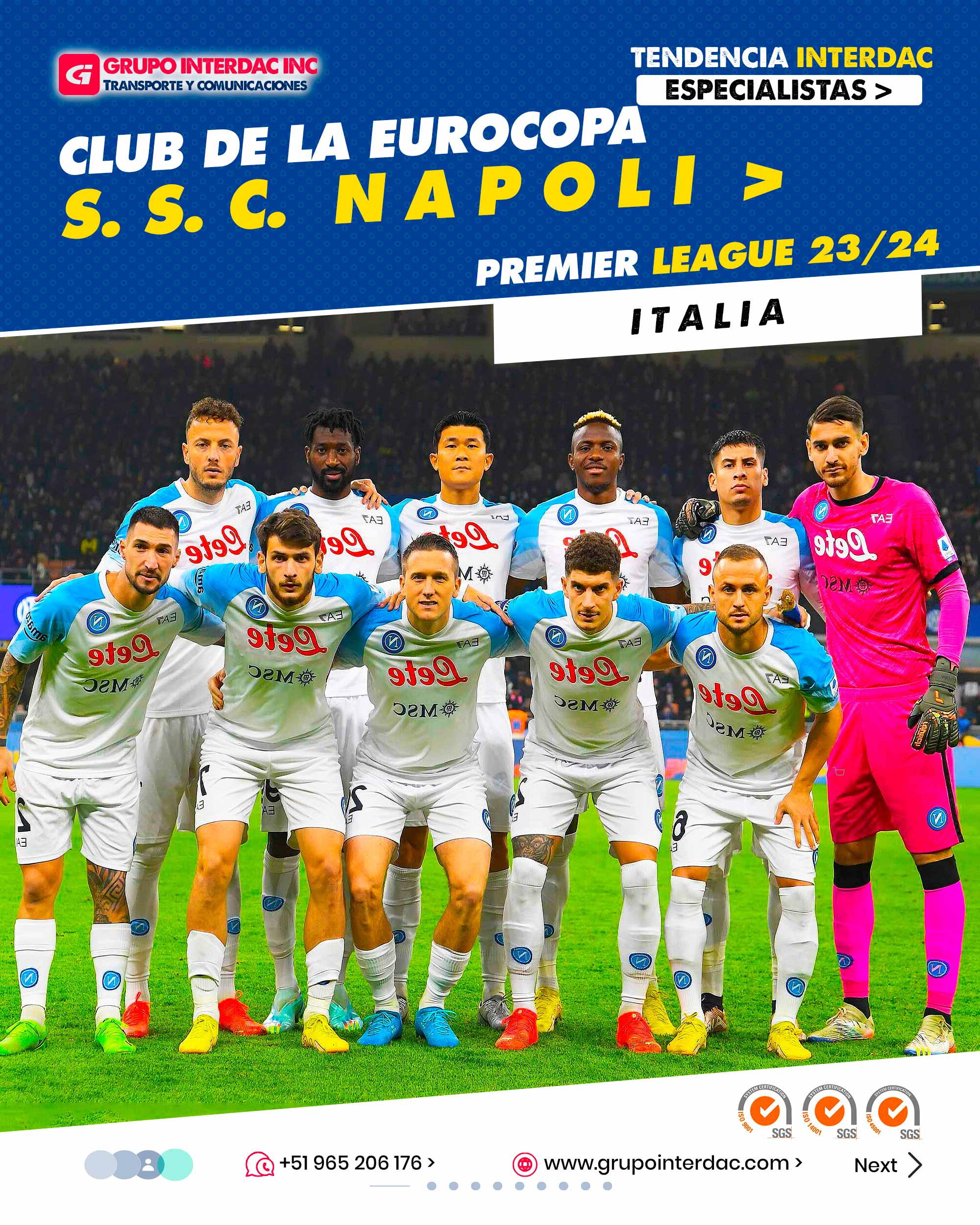 ​​Pasión y Afición: El Napoli cuenta con una de las aficiones más apasionadas de Italia. Los seguidores del club, conocidos como tifosi, son muy leales y apoyan fervientemente al equipo en cada partido. Estadio San Paolo: El Napoli juega sus partidos en el Estadio San Paolo, un icónico estadio ubicado en Nápoles. El estadio tiene una atmósfera especial y es conocido por su ruido ensordecedor cuando los aficionados animan al equipo. Historia de Éxito: El Napoli ha tenido éxito en la Serie A, la máxima categoría del fútbol italiano, y ha ganado varias veces el campeonato. El club ha tenido épocas doradas y ha sido una fuerza competitiva en el fútbol italiano. Estilo de Juego Atractivo: El Napoli se caracteriza por su estilo de juego ofensivo y atractivo. El equipo tiene una filosofía de juego basada en el control del balón, el juego de pases rápidos y la presión alta. Jugadores Emblemáticos: A lo largo de su historia, el Napoli ha contado con jugadores emblemáticos que han dejado una marca en el club y en el fútbol italiano en general. Jugadores como Diego Maradona, Edinson Cavani, Marek Hamsik y Dries Mertens son algunos ejemplos destacados. Rivalidades Intensas: El Napoli tiene rivalidades históricas con otros clubes italianos, como la AS Roma y la Juventus. Los enfrentamientos entre estos equipos suelen ser intensos y emocionantes. Títulos y Copas: Además de sus éxitos en la Serie A, el Napoli ha ganado varios títulos de la Copa Italia y otras competiciones nacionales, lo que demuestra su capacidad competitiva en diferentes torneos. Participación en Competiciones Europeas: El Napoli ha participado en competiciones europeas como la UEFA Champions League y la UEFA Europa League, alcanzando etapas avanzadas y compitiendo contra los mejores equipos de Europa. Filosofía del Entrenador: La filosofía del entrenador y su estilo de juego son fundamentales para el éxito del Napoli. Los entrenadores que han pasado por el club han dejado su huella y han implementado diferentes enfoques tácticos. Impacto en la Ciudad: El Napoli es un símbolo de la ciudad de Nápoles y tiene un fuerte impacto en la comunidad local. El club representa el orgullo y la identidad de la ciudad y es una fuente de unión y alegría para sus habitantes. La empresa Grupo Interdac Inc tiene un compromiso ambiental sostenible para la optimización de recursos naturales a través de herramientas computacionales en beneficio del planeta. Nuestra empresa es lider en creación de herramientas digitales para empresas transnacionales dedicadas al sector industrial y de recolección y transporte de residuos solidos.