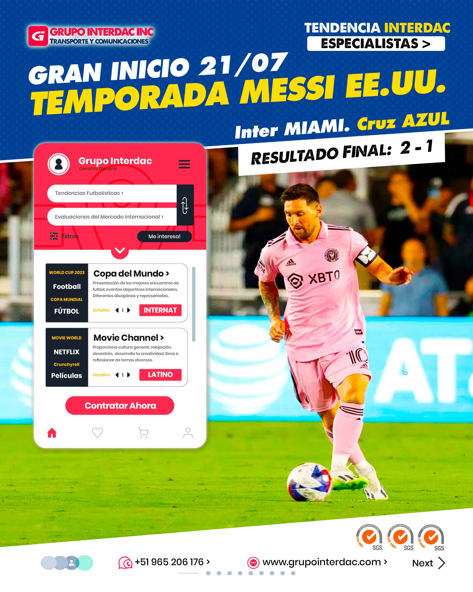 El partido del estreno del exjugador del FC Barcelona será contra Cruz Azul el viernes 21 de julio a las 02:00 hora española en el DRV PNK Stadium de Florida, Estados Unidos. El partido de la primera jornada de la Leagues Cup entre Inter de Miami y Cruz Azul se disputará a las 02:00 hora española del 21 de julio, en el estadio DRV PNK Stadium. Lugar en el que el argentino hará su debut con el equipo americano. El partido se podrá ver a través de Apple TV y MLS League Pass. El debut de Lionel Messi en el Inter Miami frente al Cruz Azul por la Leagues Cup 2023 registró el mayor rating de un partido de fútbol en la historia de la televisión de Estados Unidos. El debut de Lionel Messi en el Inter Miami de la Major League Soccer no podría haber sido mejor. Ingresó a los 10 minutos del segundo tiempo y, además de mostrar un gran nivel, sobre el final clavó un golazo de tiro libre para darle el triunfo a su equipo frente al Cruz Azul en lo que fue la primera fecha de la fase de grupos de la Leagues Cup. La empresa Grupo Interdac Inc tiene un compromiso ambiental sostenible para la optimización de recursos naturales a través de herramientas computacionales en beneficio del planeta. Nuestra empresa es lider en creación de herramientas digitales para empresas transnacionales dedicadas al sector industrial y de recolección y transporte de residuos solidos. La empresa Grupo Interdac Inc tiene un compromiso ambiental sostenible para la optimización de recursos naturales a través de herramientas computacionales en beneficio del planeta. Nuestra empresa es lider en creación de herramientas digitales para empresas transnacionales dedicadas al sector industria y de recolección y transporte de residuos solidos.