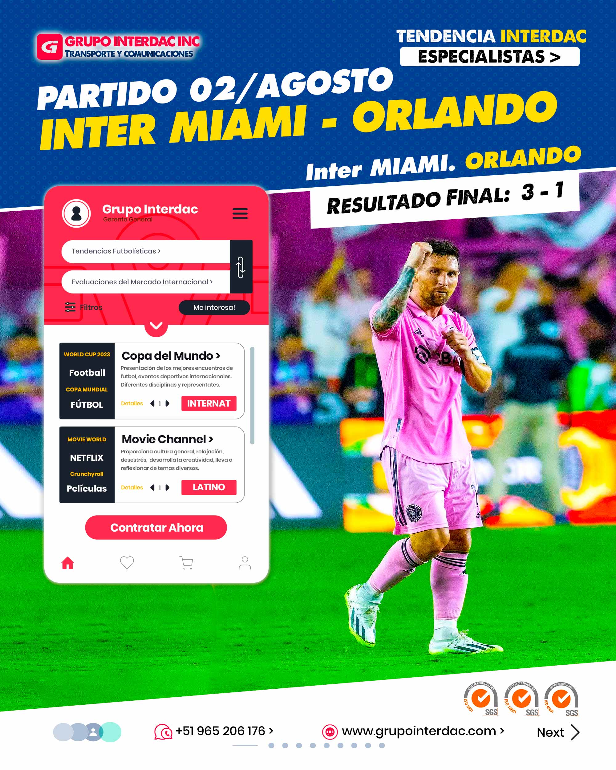 Partido 02 de agosto 2023 Leo messi. Partido Inter Miammi vs Orlando City. El partido del estreno del exjugador del FC Barcelona será la Leagues Cup entre Inter de Miami y Cruz Azul El Inter Miami se llevó otro triunfo al derrotar al Orlando City por 3-1 en el Clásico por los Dieciseisavos de Final de la Leagues Cup 2023, desde el Lockhart Stadium de Fort Lauderdale, Florida (Estados Unidos). Sin duda, nuevamente Lionel Messi tuvo una espectacular actuación con un doblete que terminó eliminando al Orlando City. El debut de Lionel Messi en el Inter Miami frente al Cruz Azul por la Leagues Cup 2023 registró el mayor rating de un partido de fútbol en la historia de la televisión de Estados Unidos. El debut de Lionel Messi en el Inter Miami de la Major League Soccer no podría haber sido mejor. La empresa Grupo Interdac Inc tiene un compromiso ambiental sostenible para la optimización de recursos naturales a través de herramientas computacionales en beneficio del planeta. Nuestra empresa es lider en creación de herramientas digitales para empresas transnacionales dedicadas al sector industria y de recolección y transporte de residuos solidos.