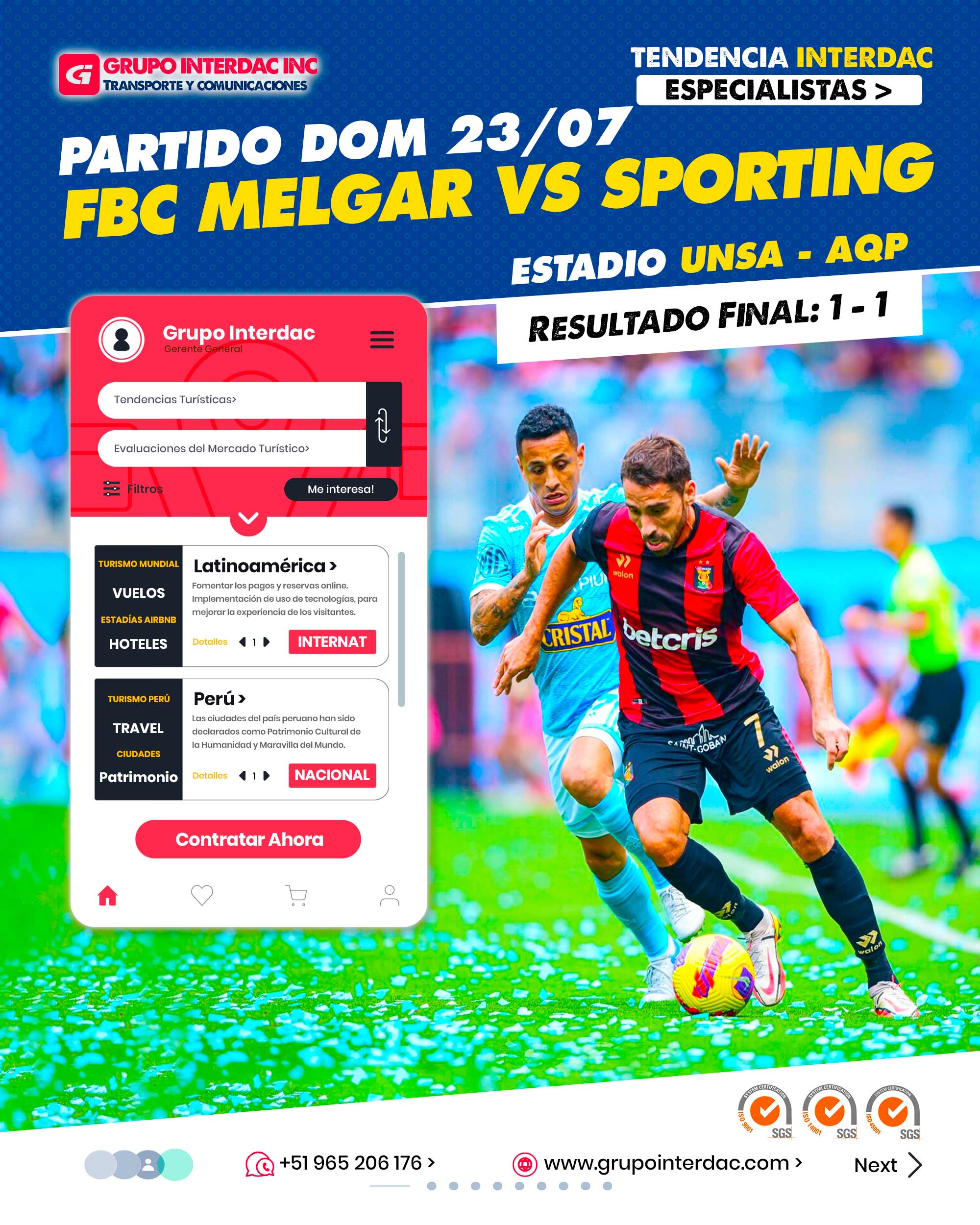 Partido 23 de julio 2023. Partido entre club deportivo Sporting Cristal y club FBC Melgar igualaron 1-1 por la quinta fecha del Torneo Clausura en la Liga 1 Betsson 2023. El estadio de la UNSA de Arequipa fue el escenario de este compromiso que se luchó hasta el último minuto. Melgar vs. Sporting Cristal EN VIVO. Empate con sabor a poco: Sporting Cristal y Melgar igualaron 1-1 en Arequipa En partido con un trámite intenso, Sporting Cristal rescató un punto en su visita a Melgar gracias al tanto de Joao Grimaldo. Cuesta había marcado el 1-0 parcial en Arequipa. La empresa Grupo Interdac Inc tiene un compromiso ambiental sostenible para la optimización de recursos naturales a través de herramientas computacionales en beneficio del planeta. Nuestra empresa es lider en creación de herramientas digitales para empresas transnacionales dedicadas al sector industria y de recolección y transporte de residuos solidos.