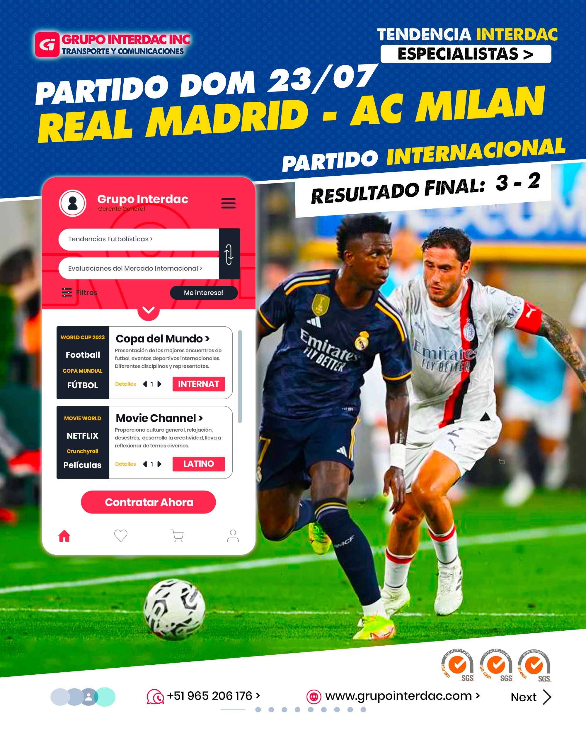 Partido 23 de julio 2023.Real Madrid vs Milan correspondiente a Partido Amistoso. Real Madrid vs. Milan (3-2): resumen, goles y video del amistoso. Real Madrid vs. AC Milan se midieron este domingo 23 de julio en Los Ángeles por el Soccer Champions Tour 2023. El equipo de Ancelotti venció por 3-2, tras estar dos goles abajo en el marcador. Real Madrid vs. AC Milan se vieron las caras este domingo 23 de julio por el Soccer Champions Tour 2023, en partido que se llevó a cabo en el Rose Bowl de Pasadena (Los Angeles). El amistoso estuvo programado para las 9 de la noche (hora peruana y 4 de la mañana del lunes 24 de julio en España). Real Madrid venció 3-2 al AC Milan en Estados Unidos por la Soccer Champions Tour. La empresa Grupo Interdac Inc tiene un compromiso ambiental sostenible para la optimización de recursos naturales a través de herramientas computacionales en beneficio del planeta. Los 14 veces campeones de la Champions League despertaron en la segunda mitad y con un doble de goles de Fede Valverde en tan solo 2 minutos emparejaron las cosas. La empresa Grupo Interdac Inc tiene un compromiso ambiental sostenible para la optimización de recursos naturales a través de herramientas computacionales en beneficio del planeta. Nuestra empresa es lider en creación de herramientas digitales para empresas transnacionales dedicadas al sector industria y de recolección y transporte de residuos solidos.