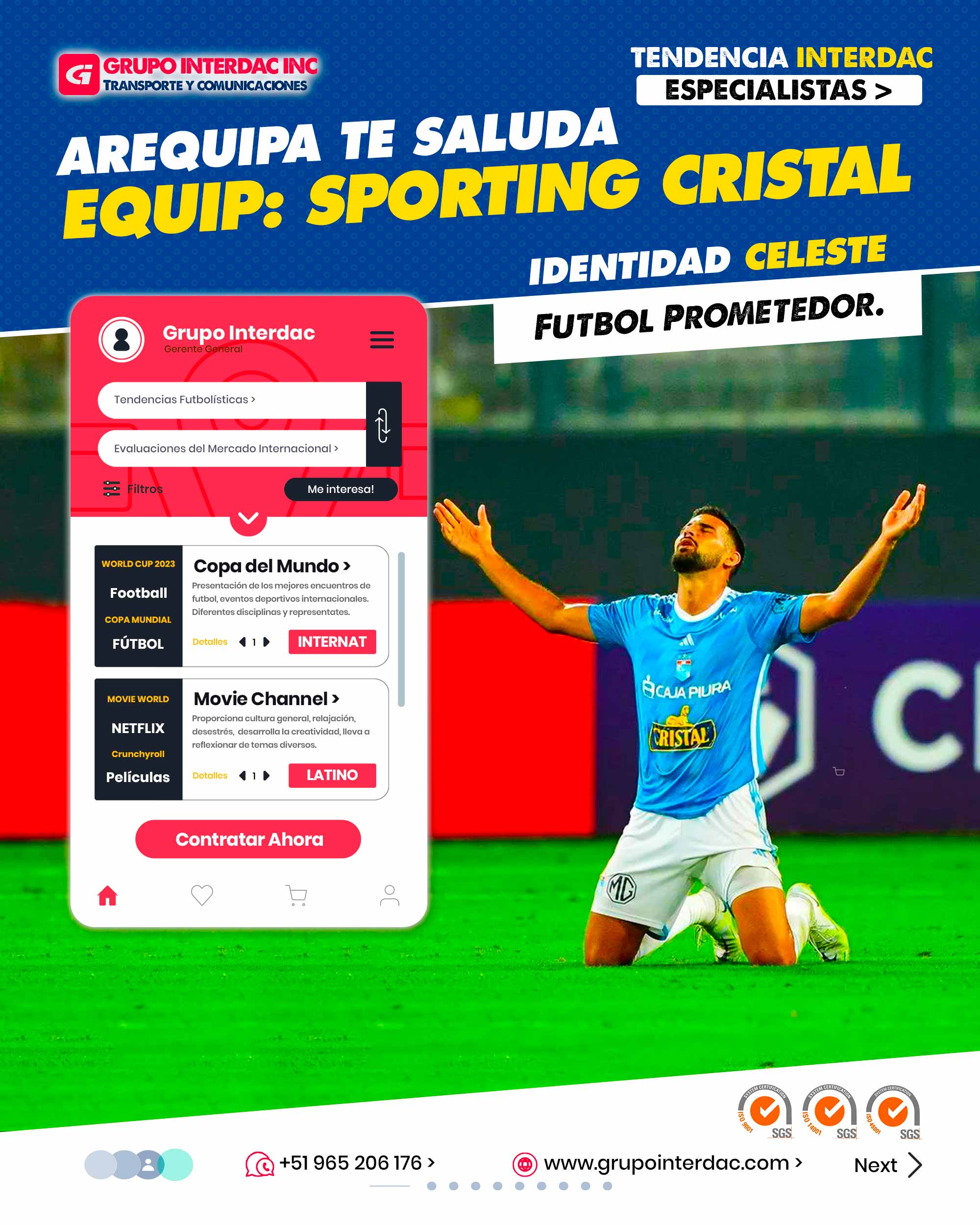 Identidad Celeste: El color celeste es parte icónica del club, representando su identidad y pasión, tanto para sus seguidores como para los futbolistas que visten su camiseta. Palmarés Exitoso: Sporting Cristal ha logrado numerosos títulos a nivel nacional, incluyendo campeonatos de la Primera División del Perú y Copas nacionales. Participación en Torneos Internacionales: El equipo ha tenido destacadas participaciones en torneos internacionales, enfrentando a equipos de diferentes países y representando al Perú a nivel continental. Compromiso Social: Sporting Cristal se ha involucrado en diversas actividades de responsabilidad social, apoyando causas benéficas y trabajando en proyectos comunitarios. Gestión Deportiva Profesional yismo: El club ha mostrado una gestión deportiva profesional, enfocada en el desarrollo de un equipo competitivo y la implementación de buenas prácticas en el ámbito futbolístico.. La empresa Grupo Interdac Inc tiene un compromiso ambiental sostenible para la optimización de recursos naturales a través de herramientas computacionales en beneficio del planeta. Nuestra empresa es lider en creación de herramientas digitales para empresas transnacionales dedicadas al sector industria y de recolección y transporte de residuos solidos.