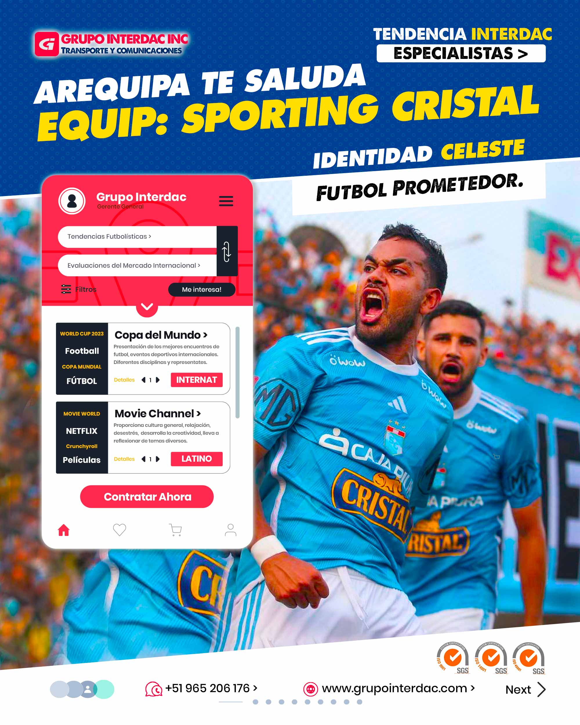 Gestión Deportiva Profesional yismo: El club ha mostrado una gestión deportiva profesional, enfocada en el desarrollo de un equipo competitivo y la implementación de buenas prácticas en el ámbito futbolístico. Afición Apasionada: La hinchada de Sporting Cristal es reconocida por su pasión y lealtad, brindando un gran apoyo al equipo tanto en los partidos locales como en los encuentros de visita. Estadio Propio: Sporting Cristal cuenta con su propio estadio, el Estadio Alberto Gallardo, ubicado en Lima, lo que brinda una ventaja para los partidos en casa y fortalece su identidad como club. Estas características hacen de Sporting Cristal un club emblemático en el fútbol peruano, con un legado sólido y un futuro prometedor. Su estilo de juego, historia y compromiso social lo requieren en un equipo respetado y querido por los aficionados peruanos. La empresa Grupo Interdac Inc tiene un compromiso ambiental sostenible para la optimización de recursos naturales a través de herramientas computacionales en beneficio del planeta. Nuestra empresa es lider en creación de herramientas digitales para empresas transnacionales dedicadas al sector industria y de recolección y transporte de residuos solidos.