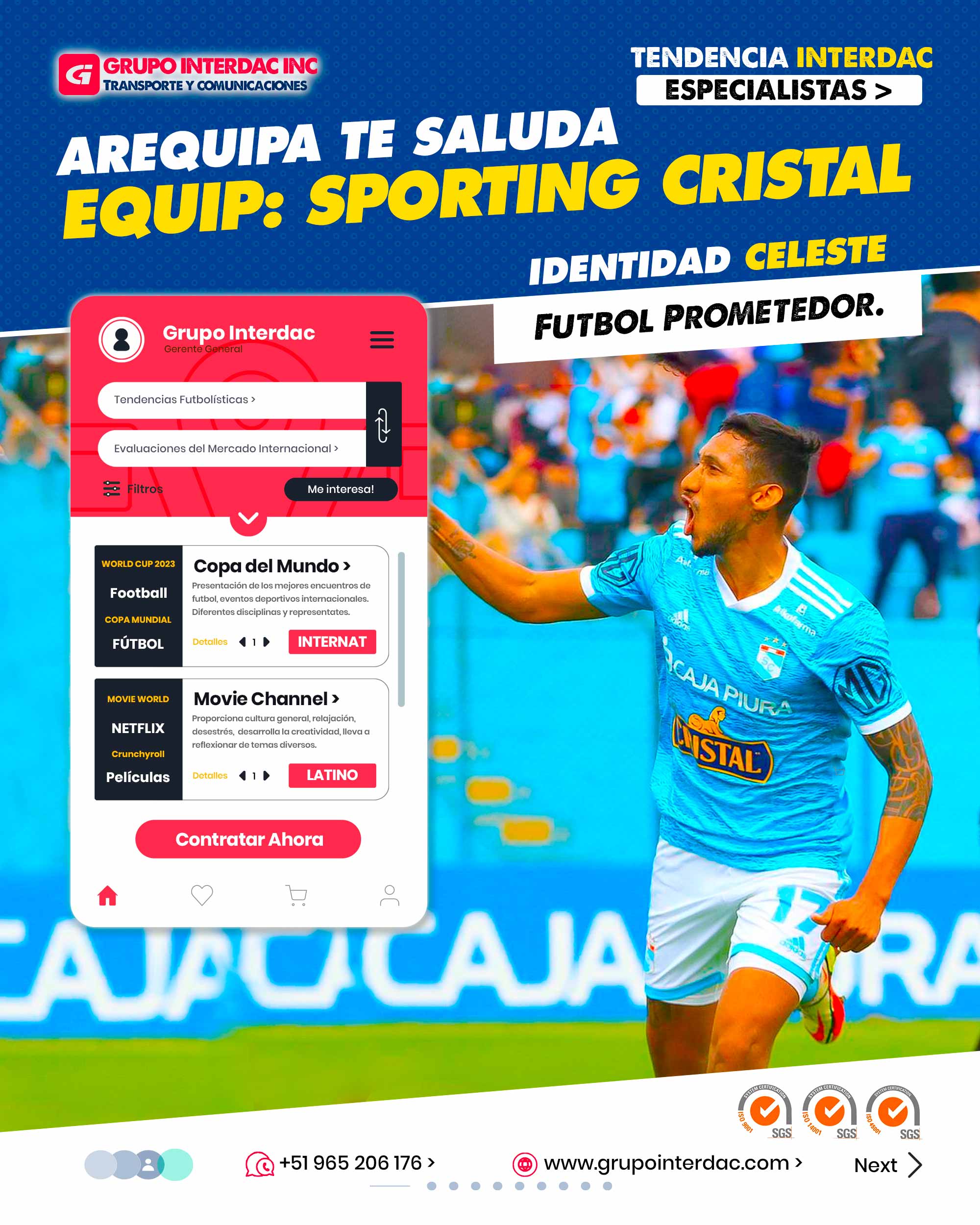 Academia de Fútbol: Sporting Cristal cuenta con una reconocida academia de fútbol que se enfoca en el desarrollo integral de jóvenes talentos desde edades tempranas, proporcionándoles las herramientas para crecer como futbolistas y personas. Éxito en Torneos Internacionales: El club ha tenido destacadas participaciones en torneos internacionales, como la Copa Libertadores, alcanzando instancias importantes y compitiendo con equipos de renombre. Enfoque en la Innovación: Sporting Cristal ha sido pionero en la incorporación de tecnología y metodologías innovadoras en su preparación física y táctica, buscando mantenerse a la vanguardia en el ámbito futbolístico. Compromiso con el Desarrollo Juvenil: El equipo mantiene un fuerte compromiso con el desarrollo juvenil, brindando oportunidades a jóvenes promesas para que se integren al primer equipo y se conviertan en piezas fundamentales. Rivalidad Deportiva: El clásico del fútbol peruano entre Sporting Cristal y Alianza Lima es uno de los enfrentamientos más emocionantes y seguidos en el país, descubriendo pasión y rivalidad deportiva entre ambas aficiones. La empresa Grupo Interdac Inc tiene un compromiso ambiental sostenible para la optimización de recursos naturales a través de herramientas computacionales en beneficio del planeta. Nuestra empresa es lider en creación de herramientas digitales para empresas transnacionales dedicadas al sector industria y de recolección y transporte de residuos solidos.