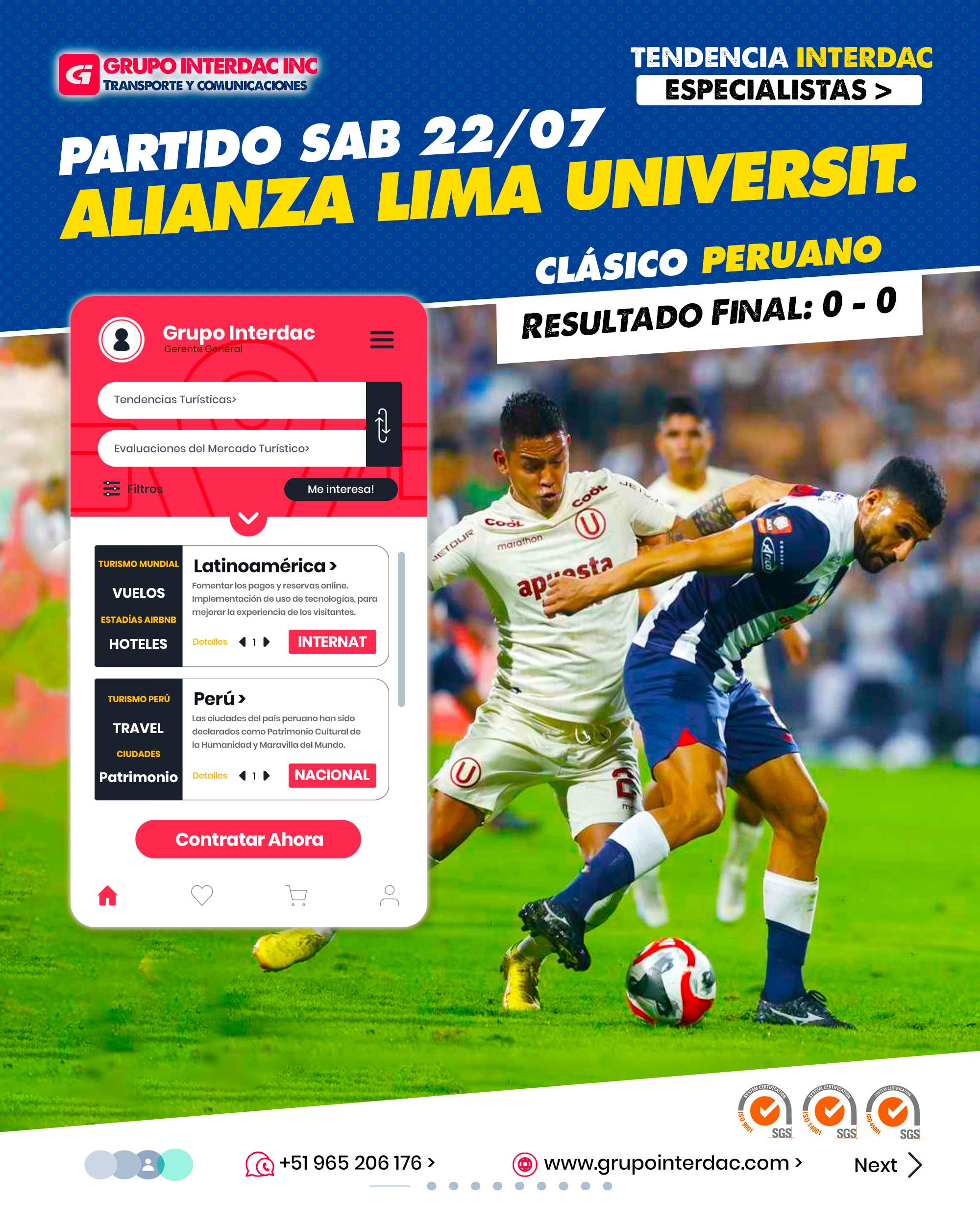 Partido 22 de julio 2023. Partido Universitario vs Alianza Lima. En un enfrentamiento con varios momentos de emociones y rivalidad, Alianza Lima y Universitario protagonizaron un empate sin goles durante la quinta jornada del Torneo Clausura de la Liga 1. El partido se disputó en el emblemático estadio Alejandro Villanueva el sábado 22 de julio. Escuadras se vieron las caras en el Estadio Alejandro Villanueva de Matute por la fecha 5 del segundo torneo del campeonato de Primera División. A QUÉ HORA JUGÓ ALIANZA LIMA VS. UNIVERSITARIO. El partido entre Alianza Lima y Universitario de Deportes fue a las 20:30 (hora peruana). El superclásico del fútbol peruano también llamado clásico del fútbol peruano o clásico de los clásicos es el partido que disputan los clubes Alianza Lima y Universitario de Deportes. Ambos equipos son los más populares y más ganadores del país, por lo que se le considera como el clásico más importante del fútbol peruano. La empresa Grupo Interdac Inc tiene un compromiso ambiental sostenible para la optimización de recursos naturales a través de herramientas computacionales en beneficio del planeta. Nuestra empresa es lider en creación de herramientas digitales para empresas transnacionales dedicadas al sector industria y de recolección y transporte de residuos solidos.